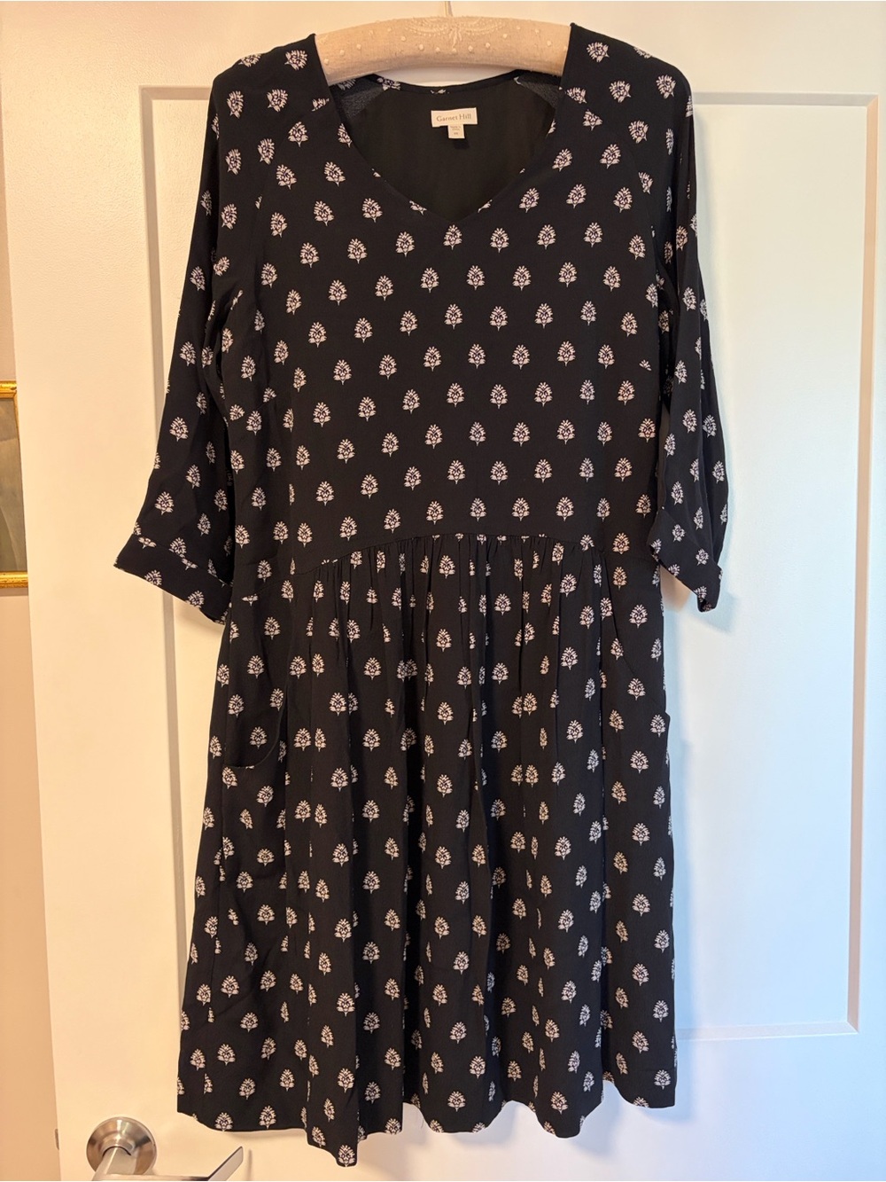 Garnet Hill Black Dress with Small White Floral Print